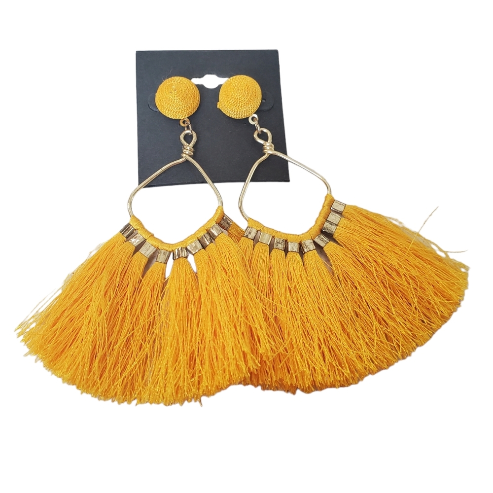 Post Stud Drop Tassel Fan Earrings Mustard Yellow Gold Color Metal